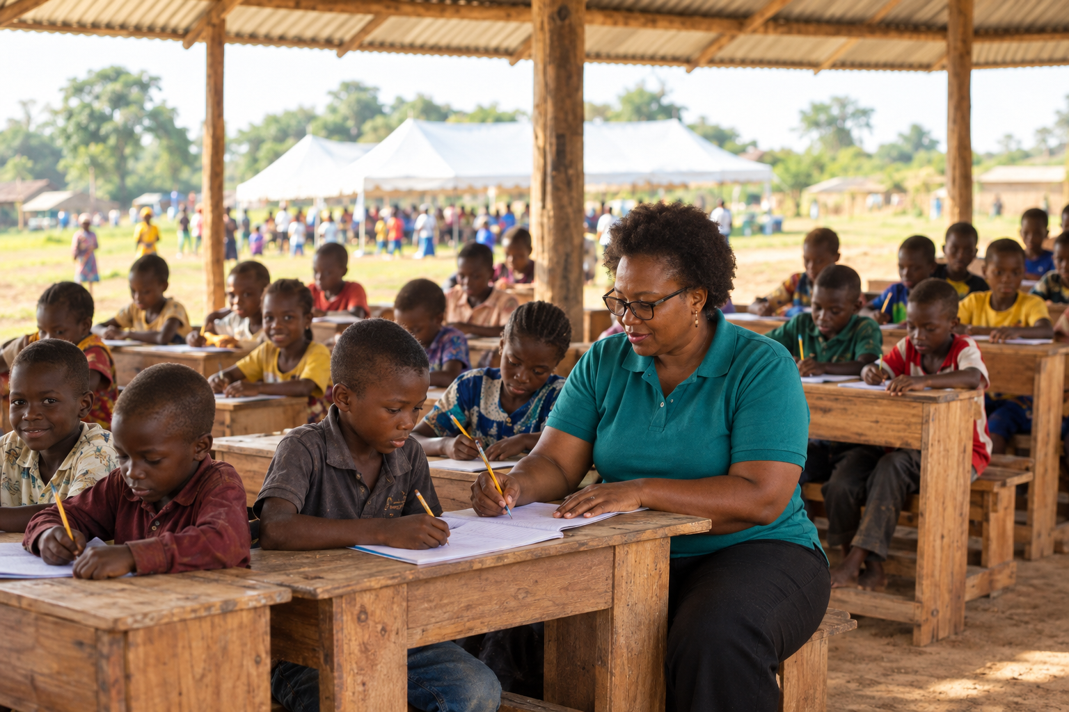 A teacher guiding pupils writing at wooden desks in an open-air classroom in Apa-Agatu
