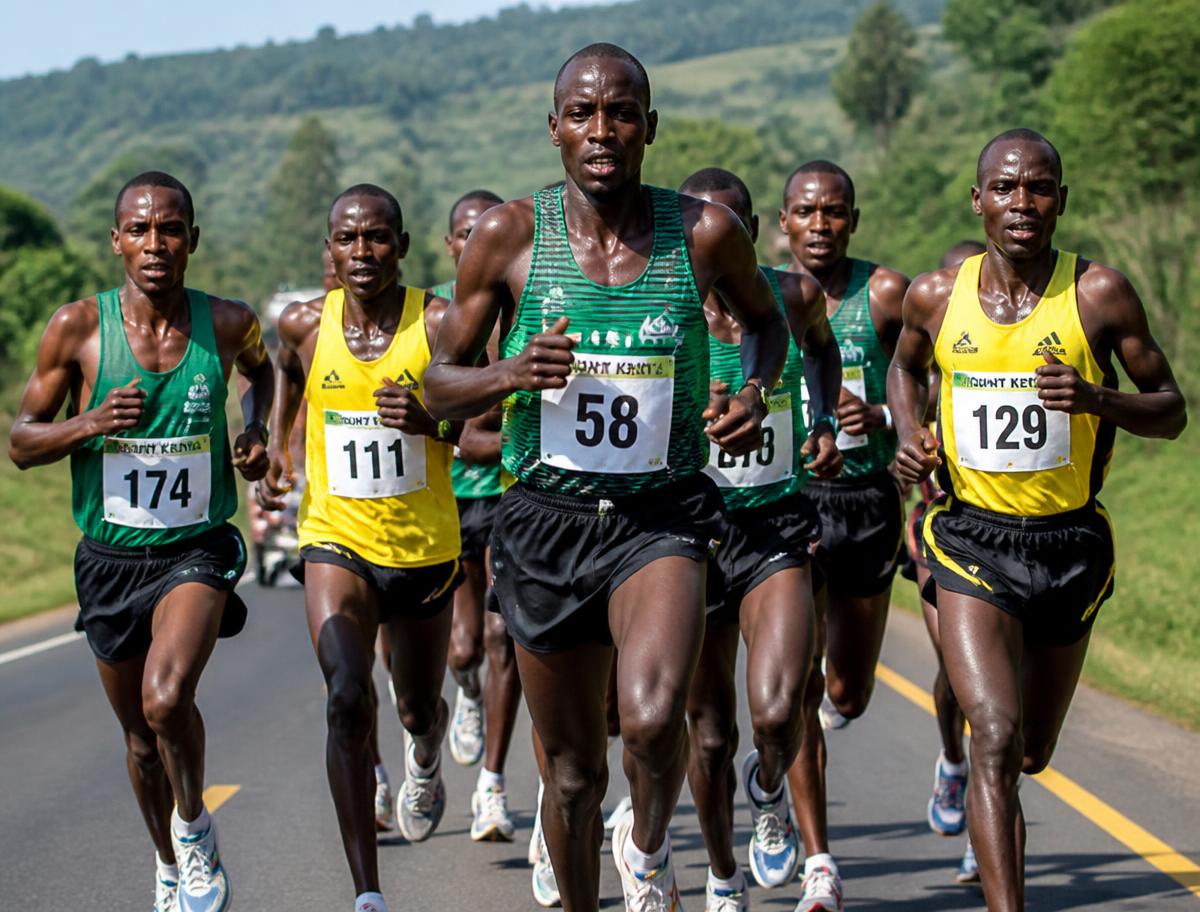 Lead pack of runners on an open road during the marathon