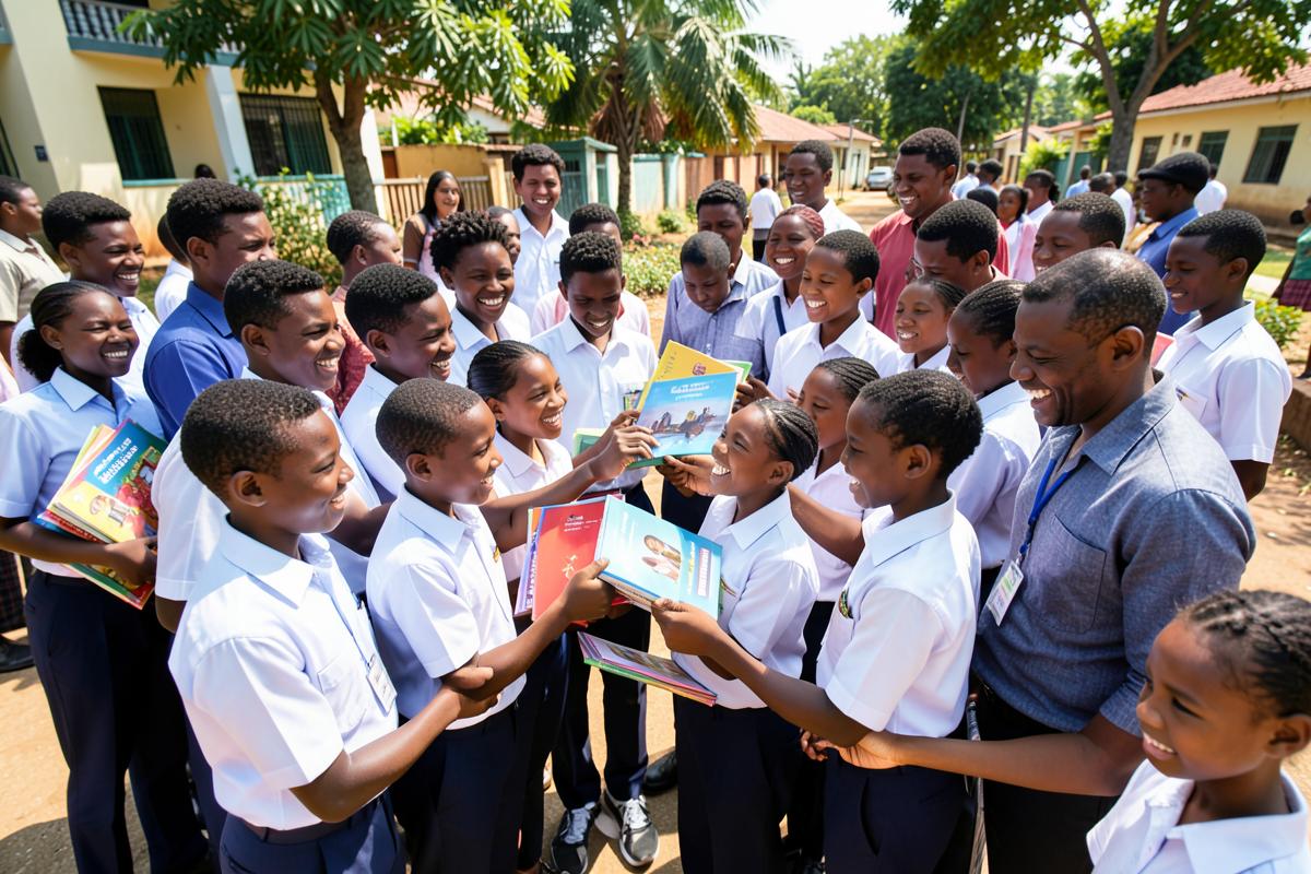 Students receiving books and learning materials from Foundation volunteers